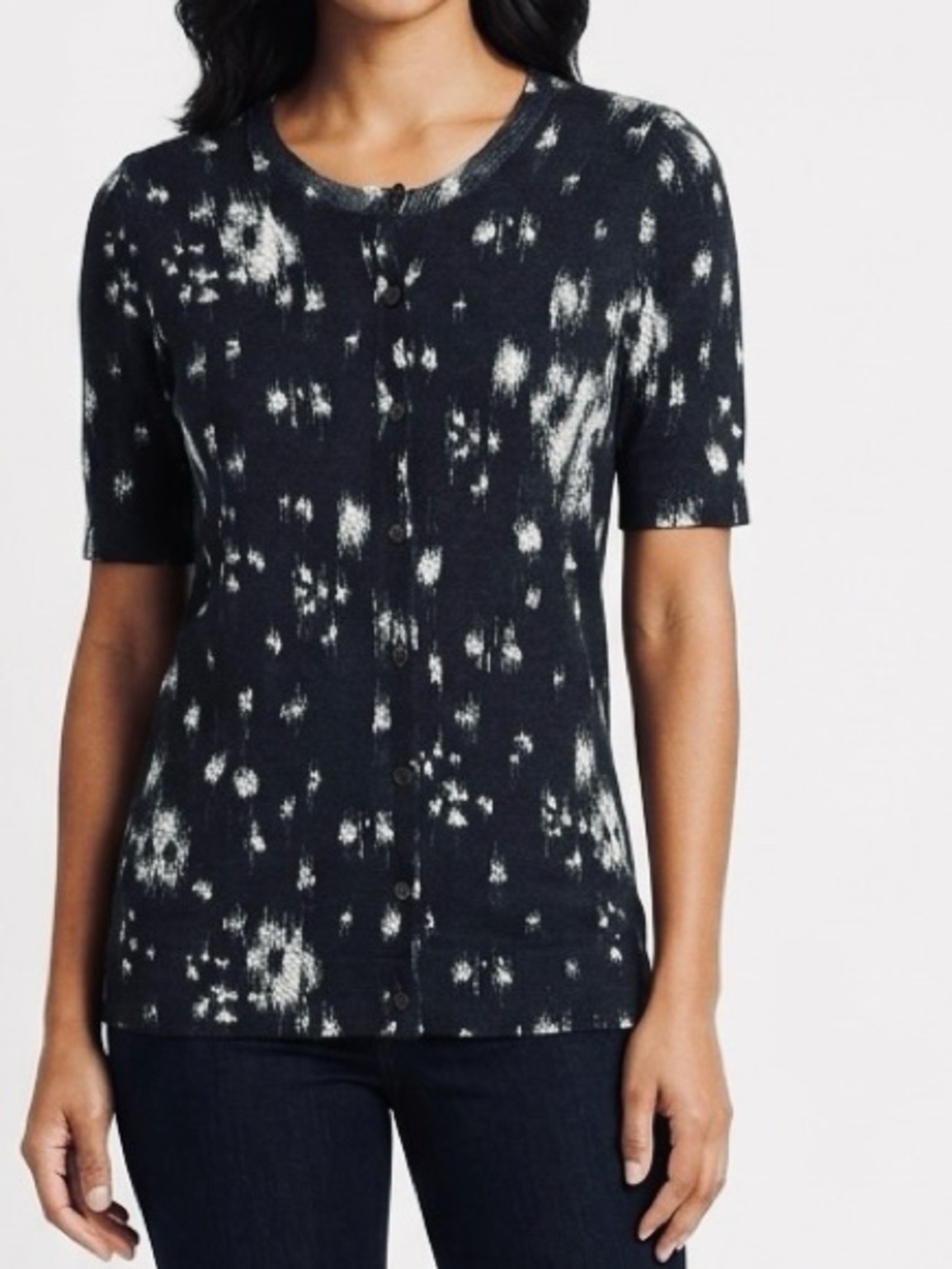 TSE 100% Cashmere Black & White Button-Up Short Sleeve Cardigan Thin Sweater Top